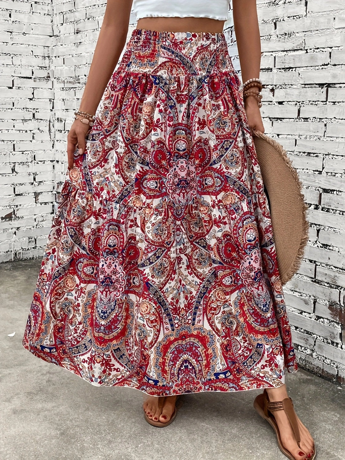 Printed Elastic Waist Maxi Skirt - Babbazon new