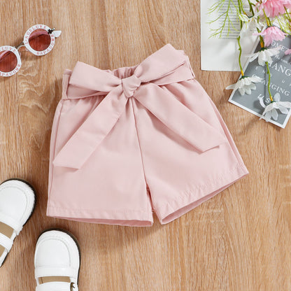 Sleeveless Slanted Shoulder Bow Shorts Girls Suit