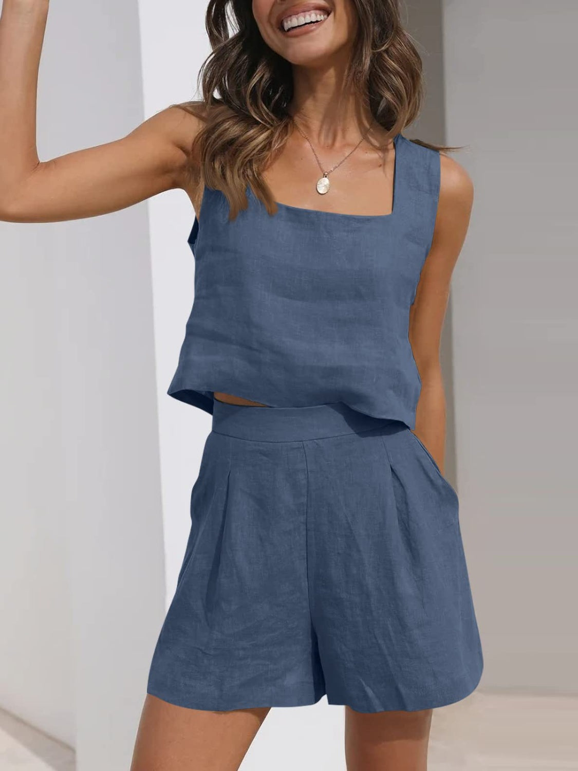 Square Neck Wide Strap Top and Shorts Set - Babbazon new