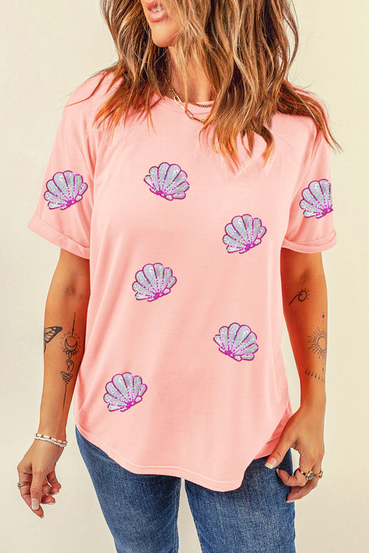 Shell Round Neck Short Sleeve T-Shirt - Babbazon New Products