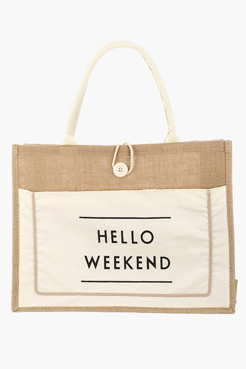 Fame Hello Weekend Burlap Tote Bag 