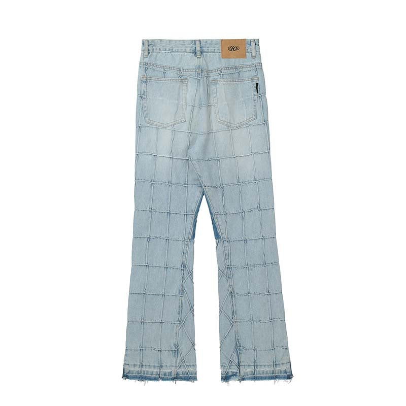 Patchwork Checked Raw Edge Jeans Men's Loose Straight Leg Pants