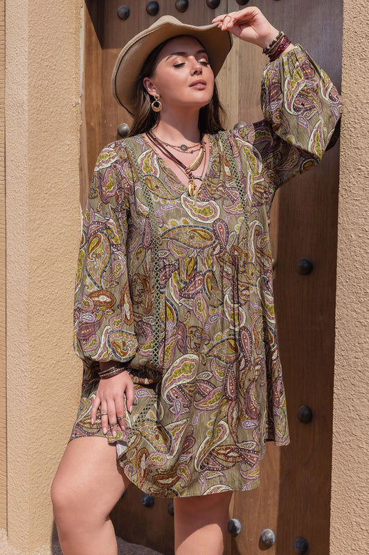 Plus Size Printed V-Neck Long Sleeve Midi Dress