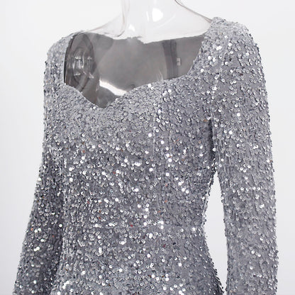 Fashion Sequin Square Neck Thin Silver Grey Party Dress