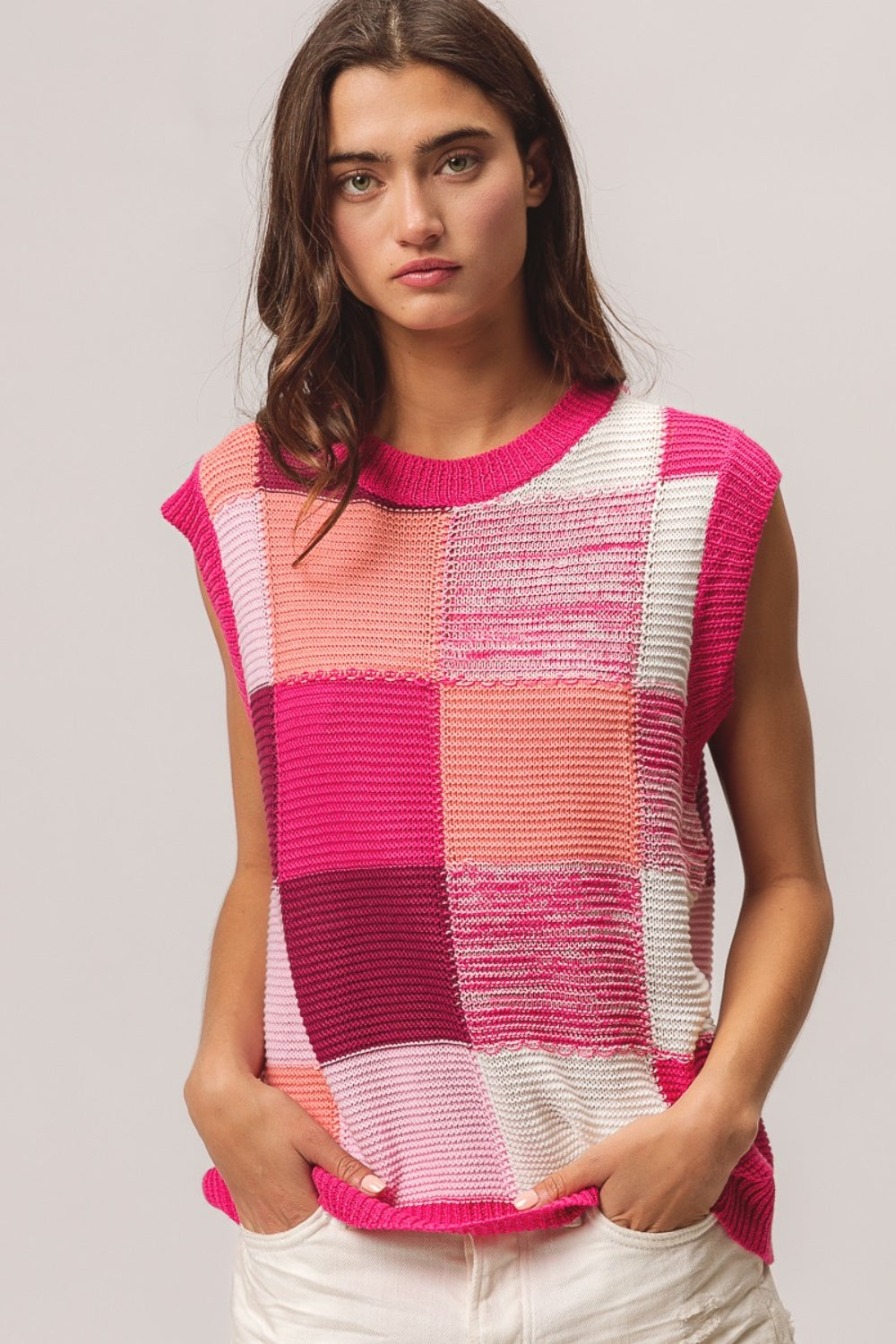 BiBi Color Block Round Neck Sweater Vest - Babbazon PINK CLOTHING