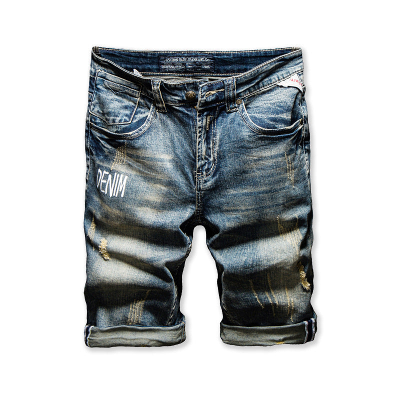 Ripped Denim Shorts Men's Korean Casual Straight Five-point Pants