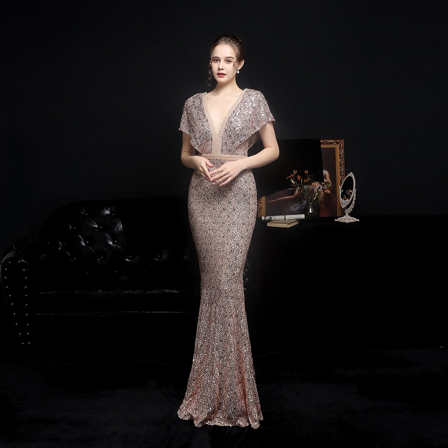 Women's Sequin Fishtail Banquet Elegant V-neck Dress