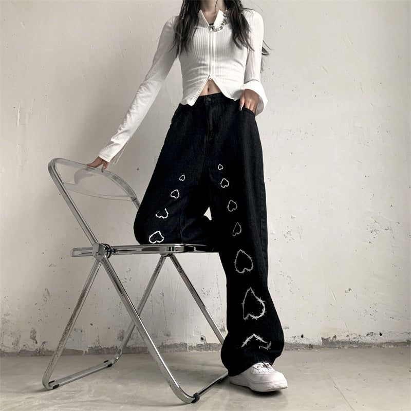 High Street Retro Love Jeans Women's Loose Straight Mop Pants