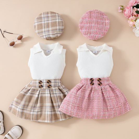 Girls' Fashion Beret Top Tartan Skirt Suit