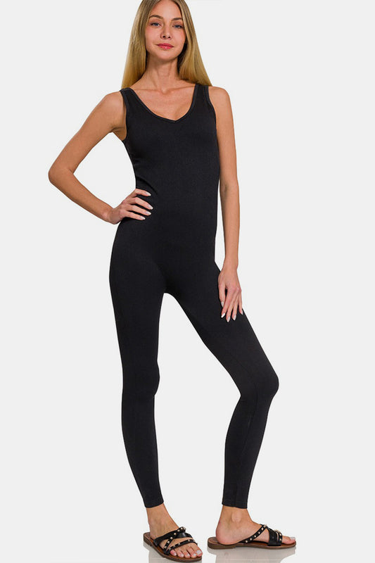 Zenana Ribbed Bra Padded Sports Seamless Jumpsuit - Babbazon New Products