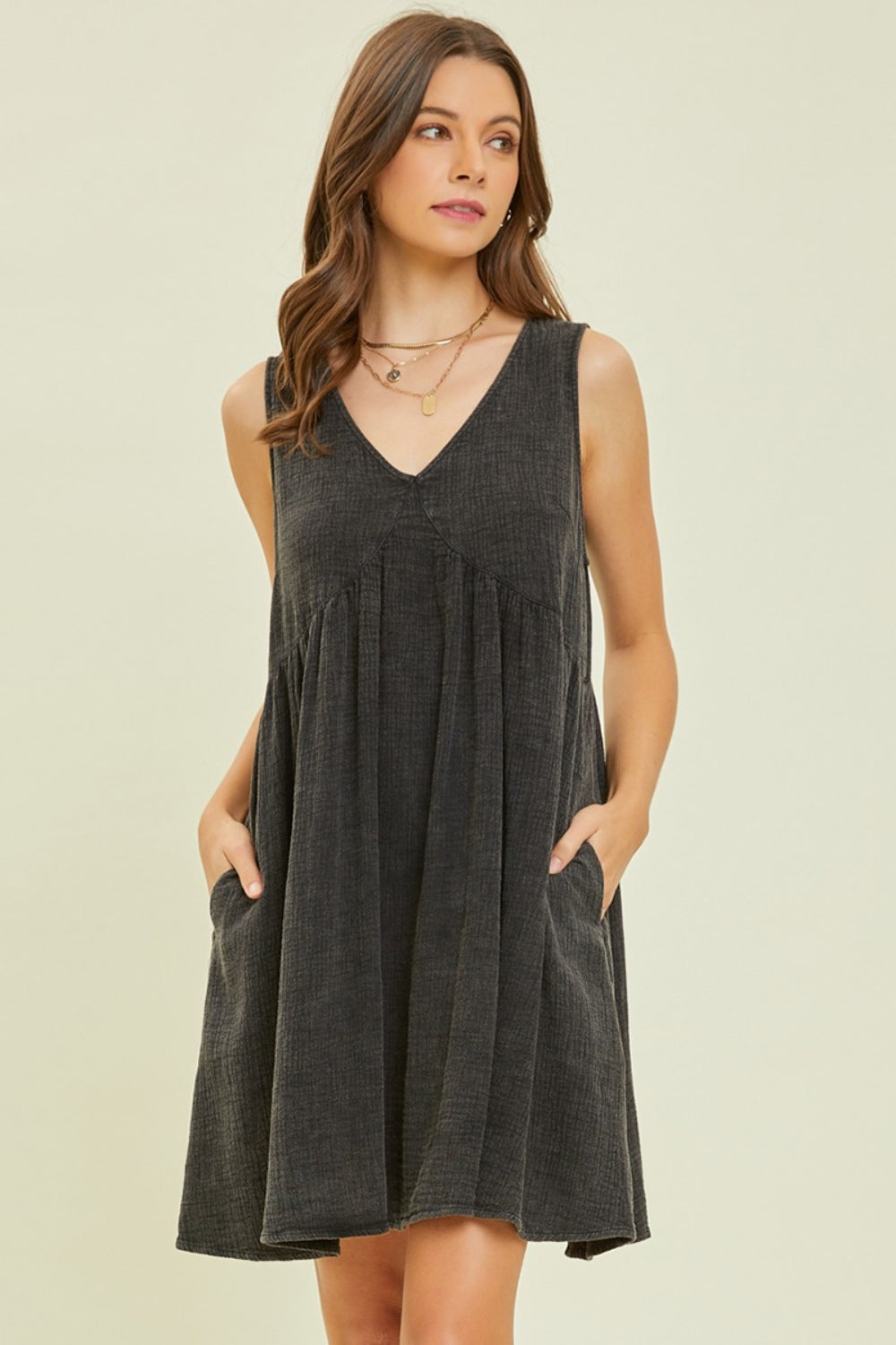 HEYSON Full Size Texture V-Neck Sleeveless Flare Mini Dress - Babbazon new