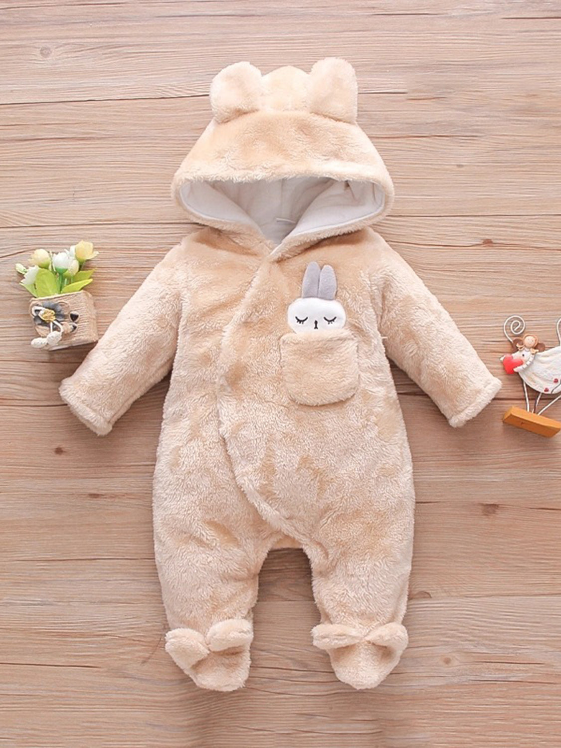 Rabbit Decor Long Sleeve Hooded Snapped Jumpsuit