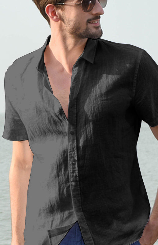 Men's Casual Linen Lapel Button Short-Sleeved Shirt 