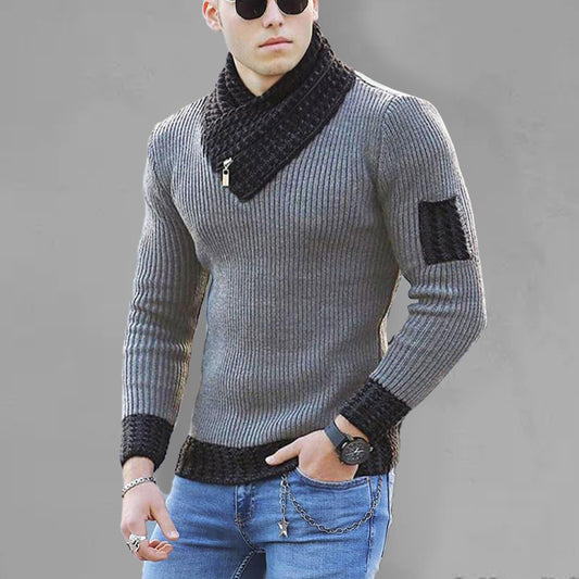 British Plus Size Men's Sweater Pullover Long Sleeve Scarf Turtleneck Men's Knitwear 