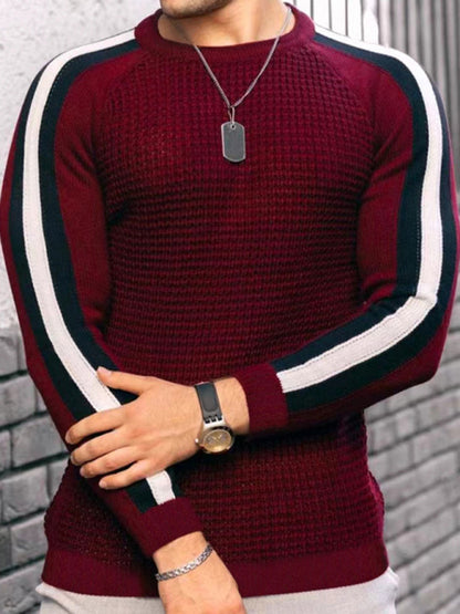 Round neck color contrast t-shirt men's casual loose bottoming sweater 