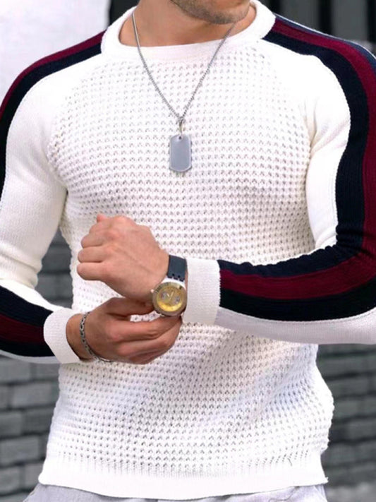 Round neck color contrast t-shirt men's casual loose bottoming sweater 