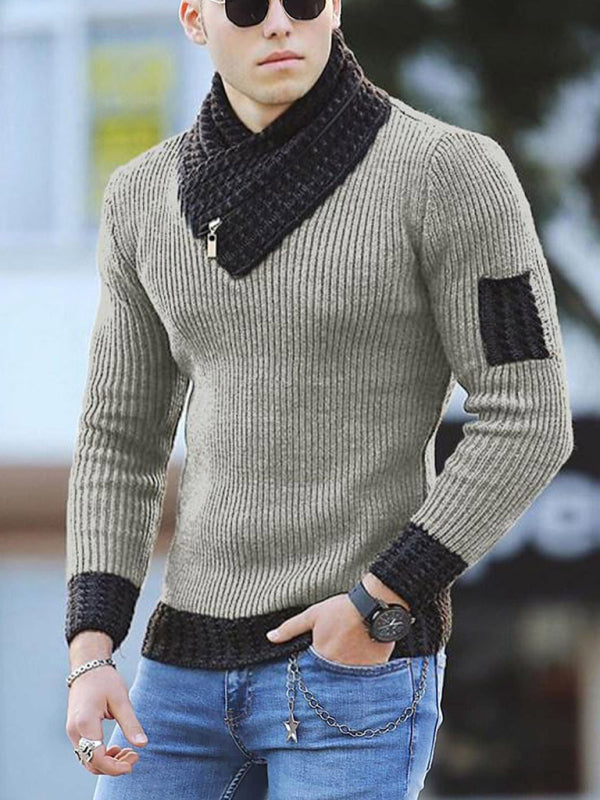 Men's Contrasting Color Stitching Scarf Business Casual Sweater 