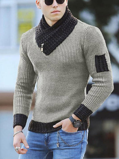 Men's Contrasting Color Stitching Scarf Business Casual Sweater 