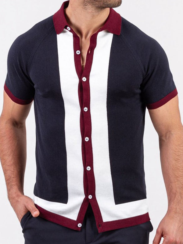 Men's single Breasted Paneled Color Contrast Short Sleeve Shirt 