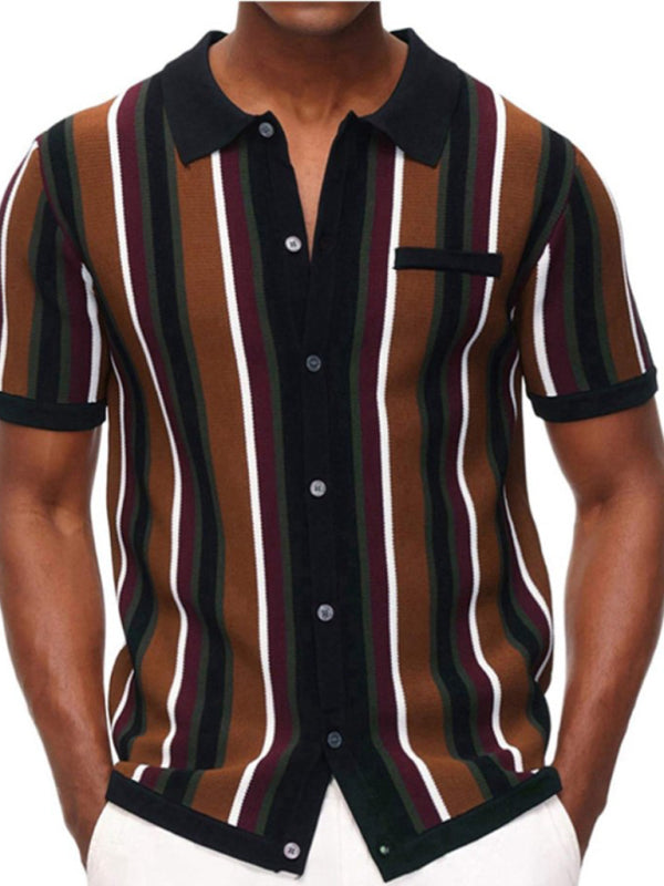 Men's single Breasted Color Contrast Stripe Short Sleeve Shirt 