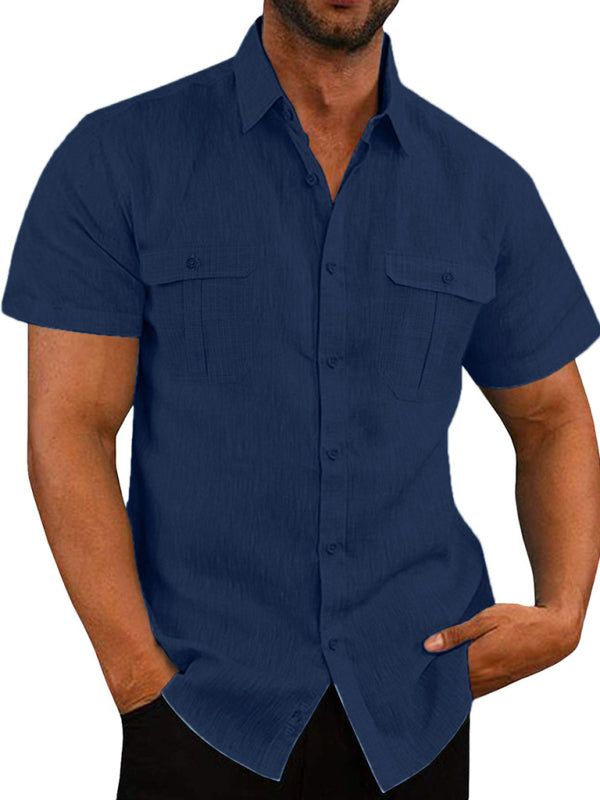 Men's Shirt Double Pocket Cotton Linen Short Sleeve Shirt Casual Vacation Shirt 