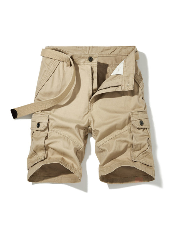 Men's Solid Color Casual Multi-Pocket Cargo Shorts（Without Belt） 