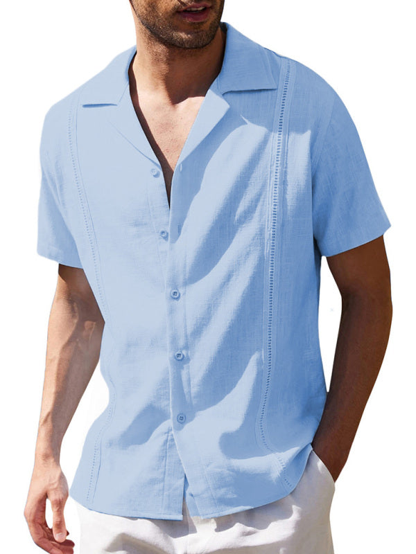 Men's Loose Casual Linen Shirt Cuban Guayabera Short Sleeve Beach Shirt 