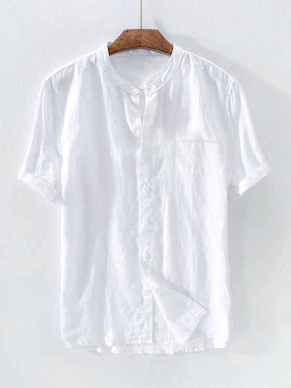 Men's Solid Color Cotton Linen Casual Short Sleeve Shirt 