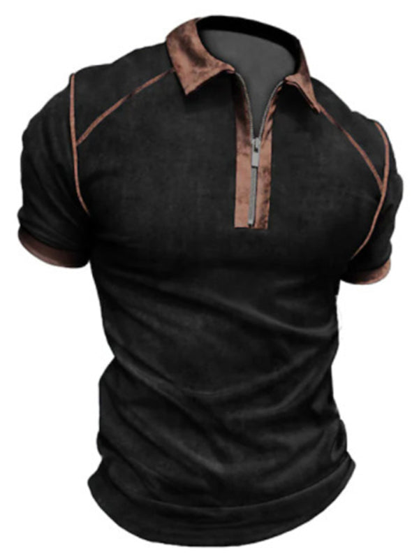 Men's Color Block Zipper Lapel Short Sleeve Polo Shirt 