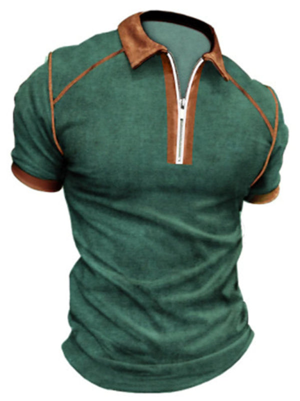 Men's Color Block Zipper Lapel Short Sleeve Polo Shirt 