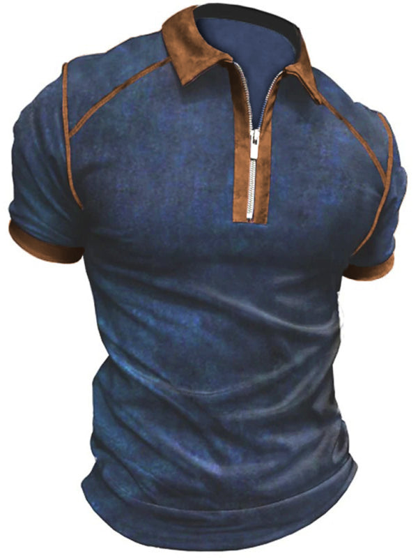 Men's Color Block Zipper Lapel Short Sleeve Polo Shirt 