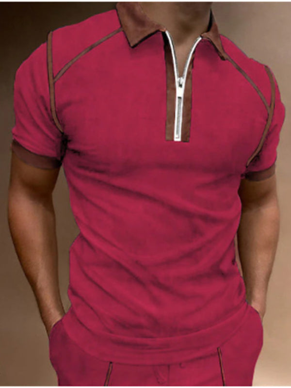 Men's Color Block Zipper Lapel Short Sleeve Polo Shirt 