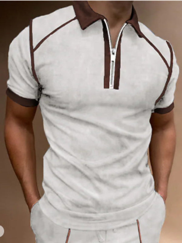 Men's Color Block Zipper Lapel Short Sleeve Polo Shirt 