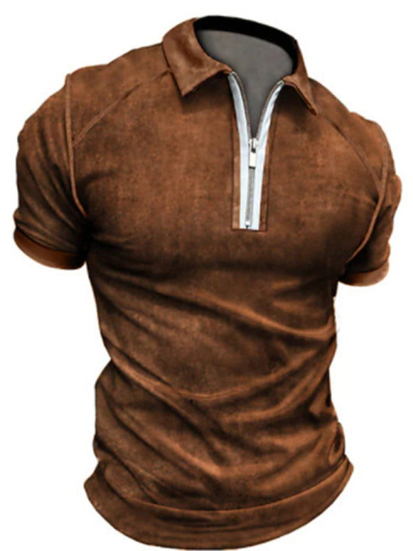 Men's Color Block Zipper Lapel Short Sleeve Polo Shirt 