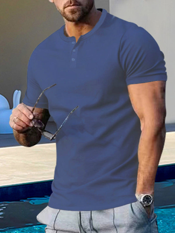 Men's Short Sleeve Henley Round Neck Slim Fit Athletic T-Shirt 