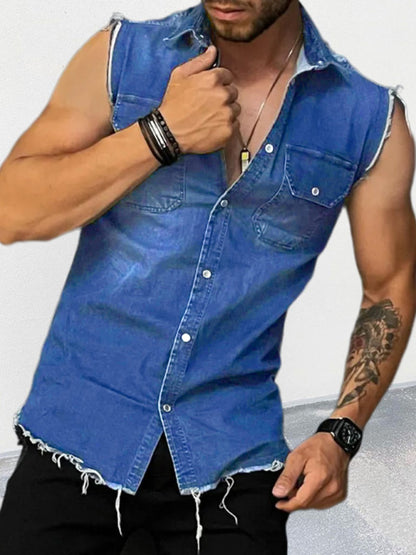 Men's Denim Lapel Sleeveless Shirt Top 