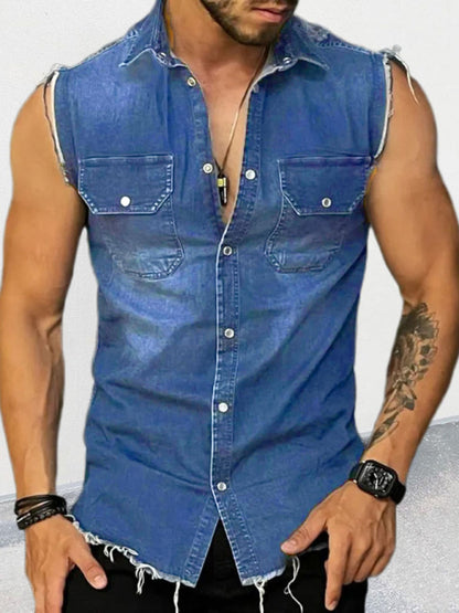 Men's Denim Lapel Sleeveless Shirt Top 