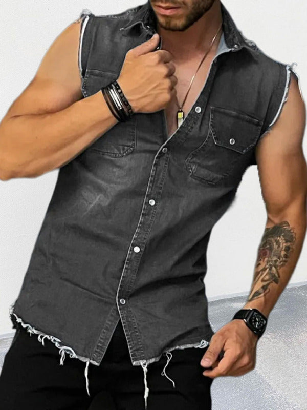 Men's Denim Lapel Sleeveless Shirt Top 