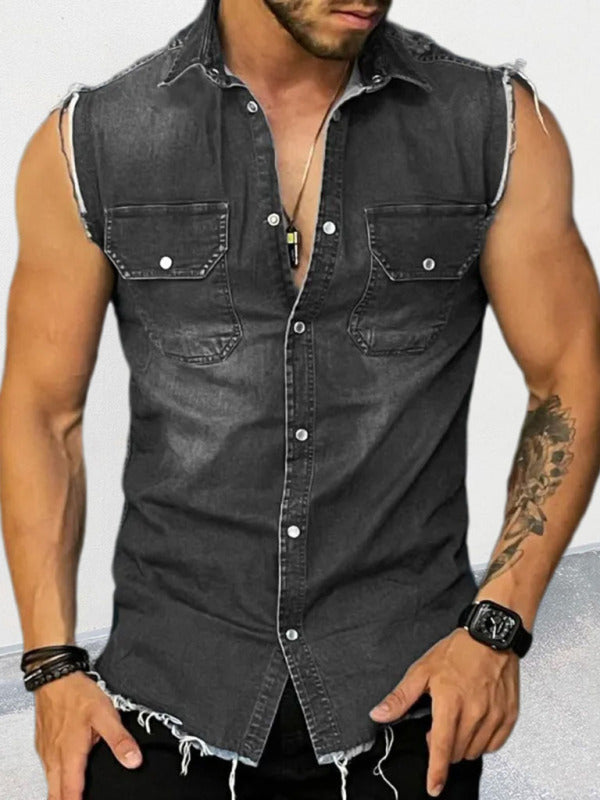 Men's Denim Lapel Sleeveless Shirt Top 