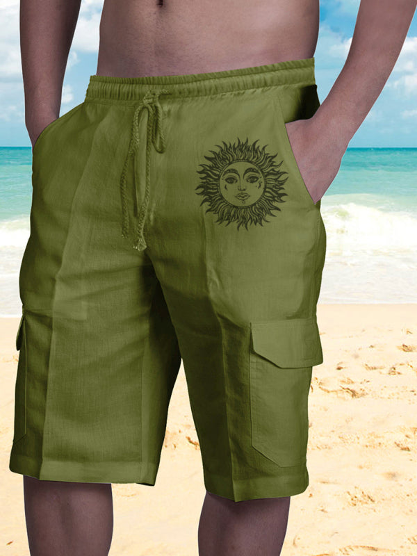 Linen Shorts Multi Pocket Tether Men's Beach Cargo Pants