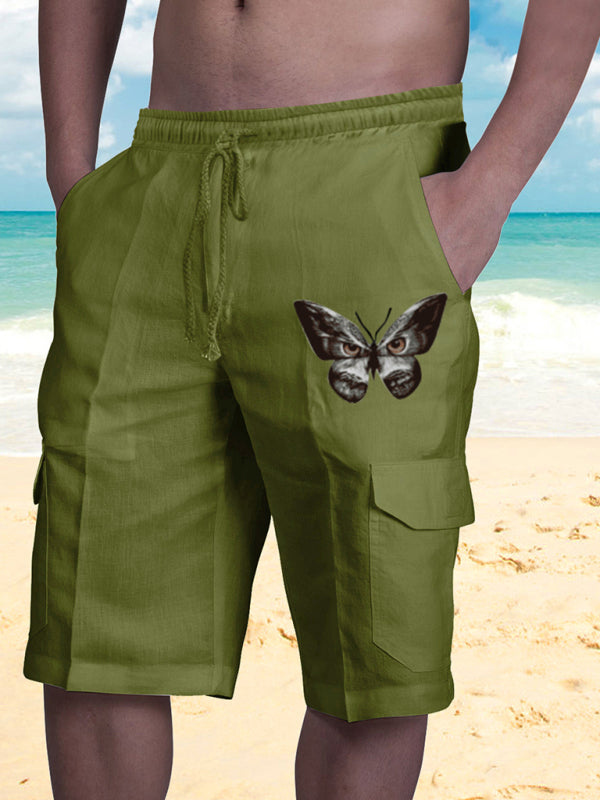 Linen Shorts Multi Pocket Tether Men's Beach Cargo Pants 