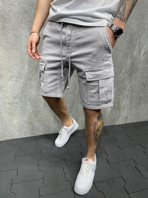 Street solid color casual five-point pants woven casual multi-pocket tether cargo shorts 