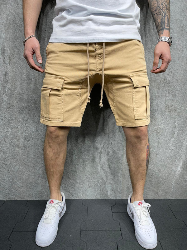 Street solid color casual five-point pants woven casual multi-pocket tether cargo shorts 