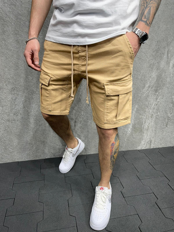 Street solid color casual five-point pants woven casual multi-pocket tether cargo shorts 