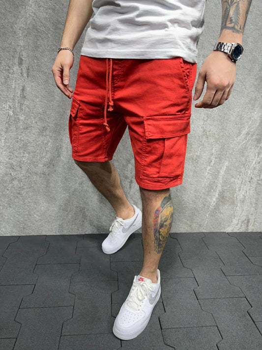 Street solid color casual five-point pants woven casual multi-pocket tether cargo shorts 