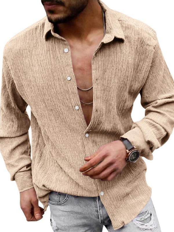 New Men's Solid Color Casual Lapel Long Sleeve Shirt 