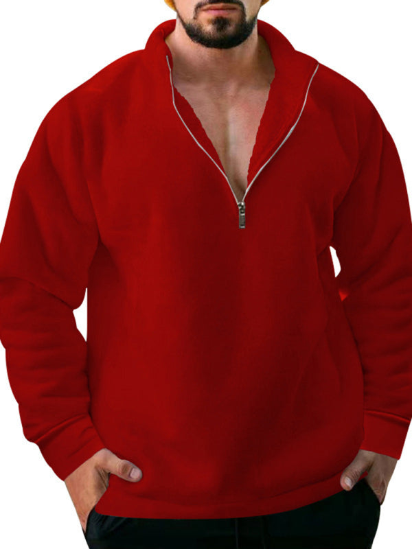 New men's fleece stand collar loose casual half zipper solid color hoodie