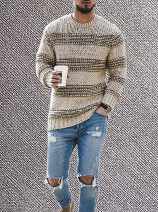 Men's fitted striped round neck long sleeve knitted sweater 