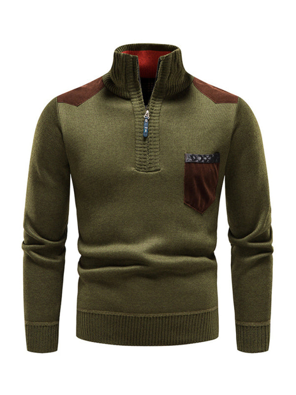 Men's stand-up collar thickened patchwork half-zip lapel sweater pullover sweater 