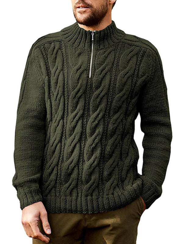 Men's new solid color zipper half turtleneck long sleeve sweater 